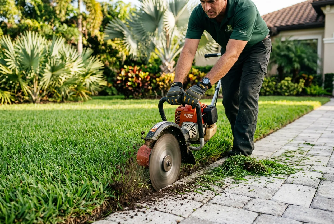 Precision lawn edging along a landscape bed